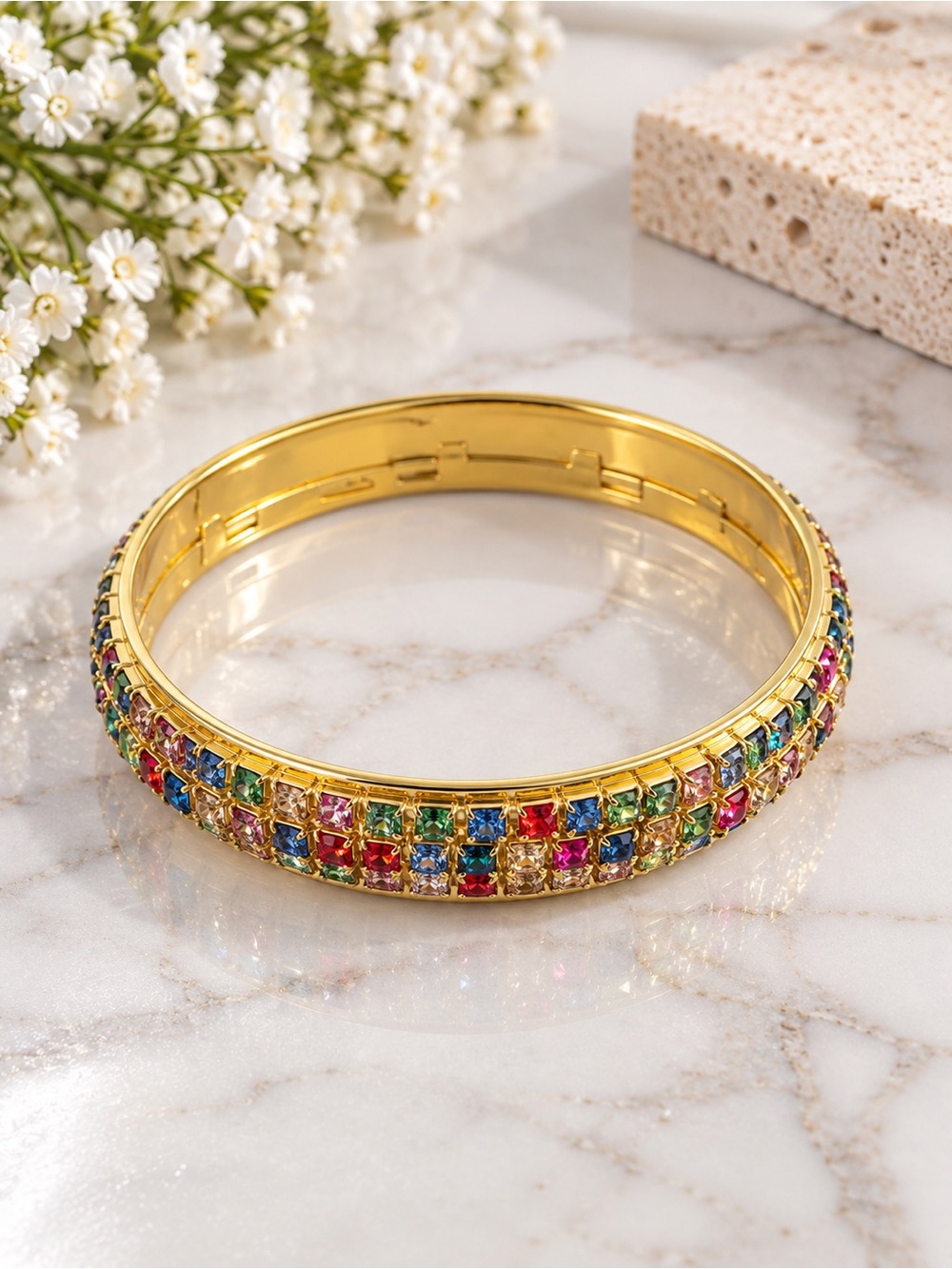 Gold-Plated Multicolor Crystal Bangle Bracelet - Women Jewelry